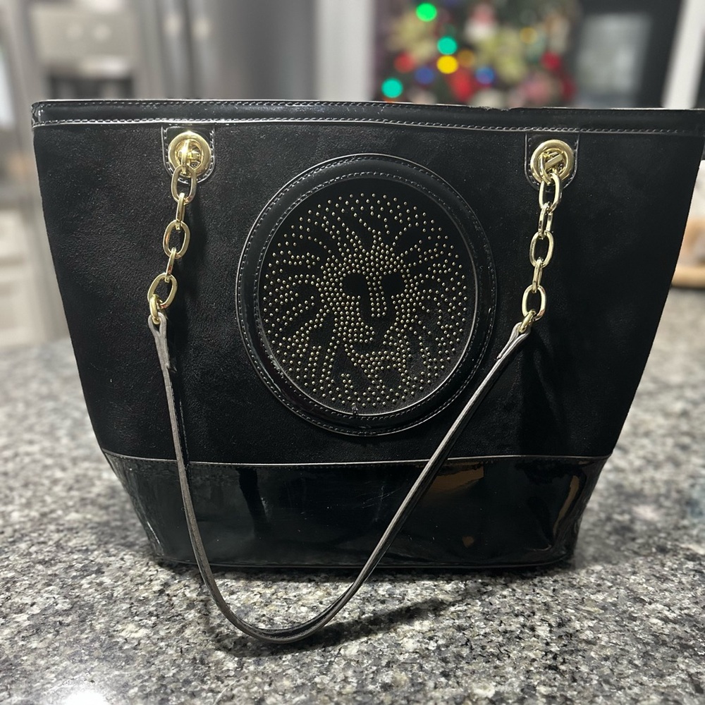 Anne Klein Leo Legacy Black Tote – Suede/Glossy Patent Leather